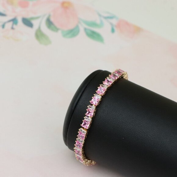 "Rose Gold Tennis Bracelet with Pink Square CZ Stones, Elegant Design, XPBL0740 - Picture 7 of 12